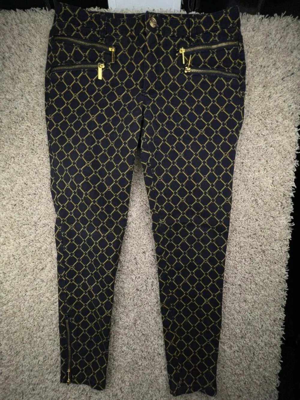 Michael Kors Size 8 Women’s Pants Yellow Black Chain Print Zip Pockets Cotton